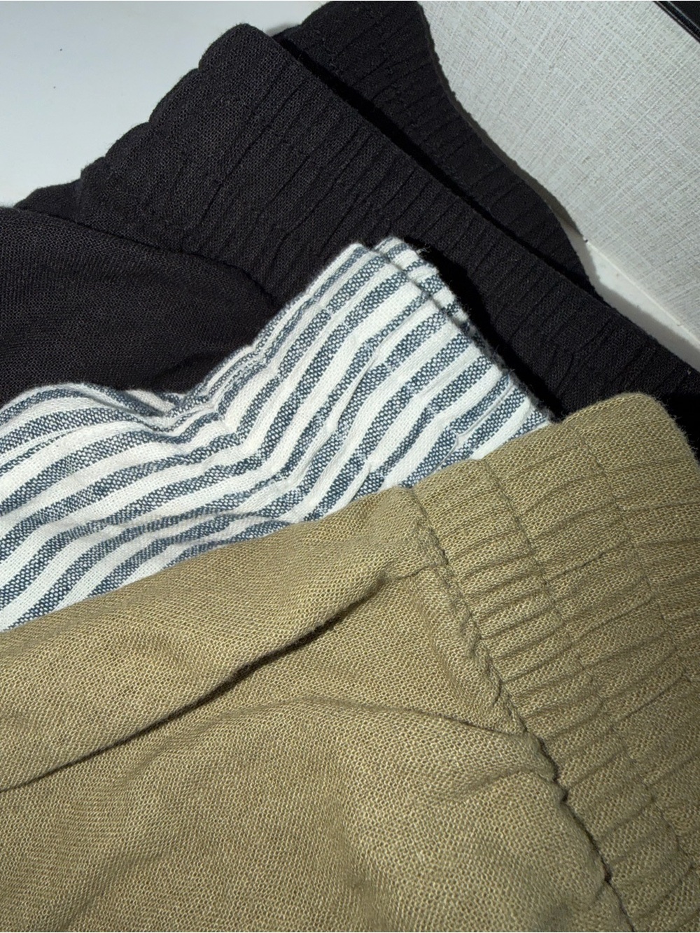Old Navy women’s linen shorts Trio in Black, Navy/White Stripe, and Olive